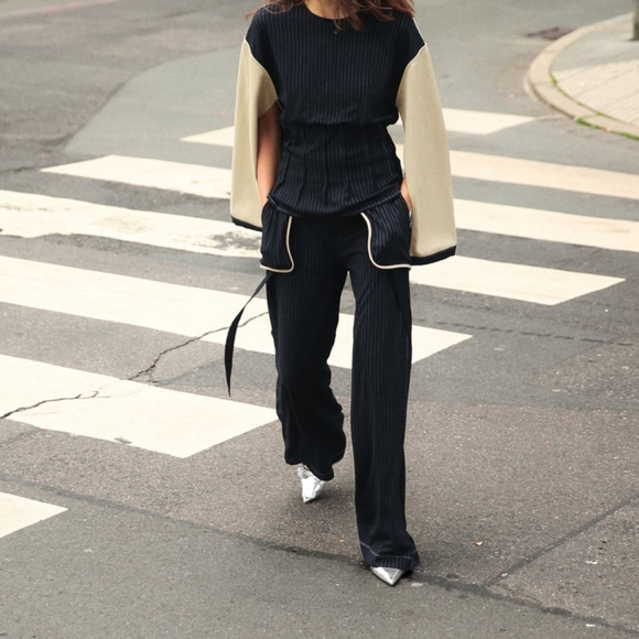 Zara Set Striped Sweatshirt Mixed Stripped + Pants Black/Sand size M BNWT - Picture 12 of 16